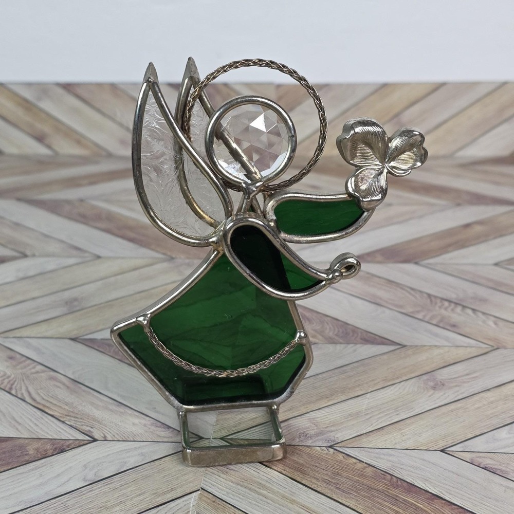 Stained Glass Angel Tea Light Candle Votive Holder Emerald Green VTG